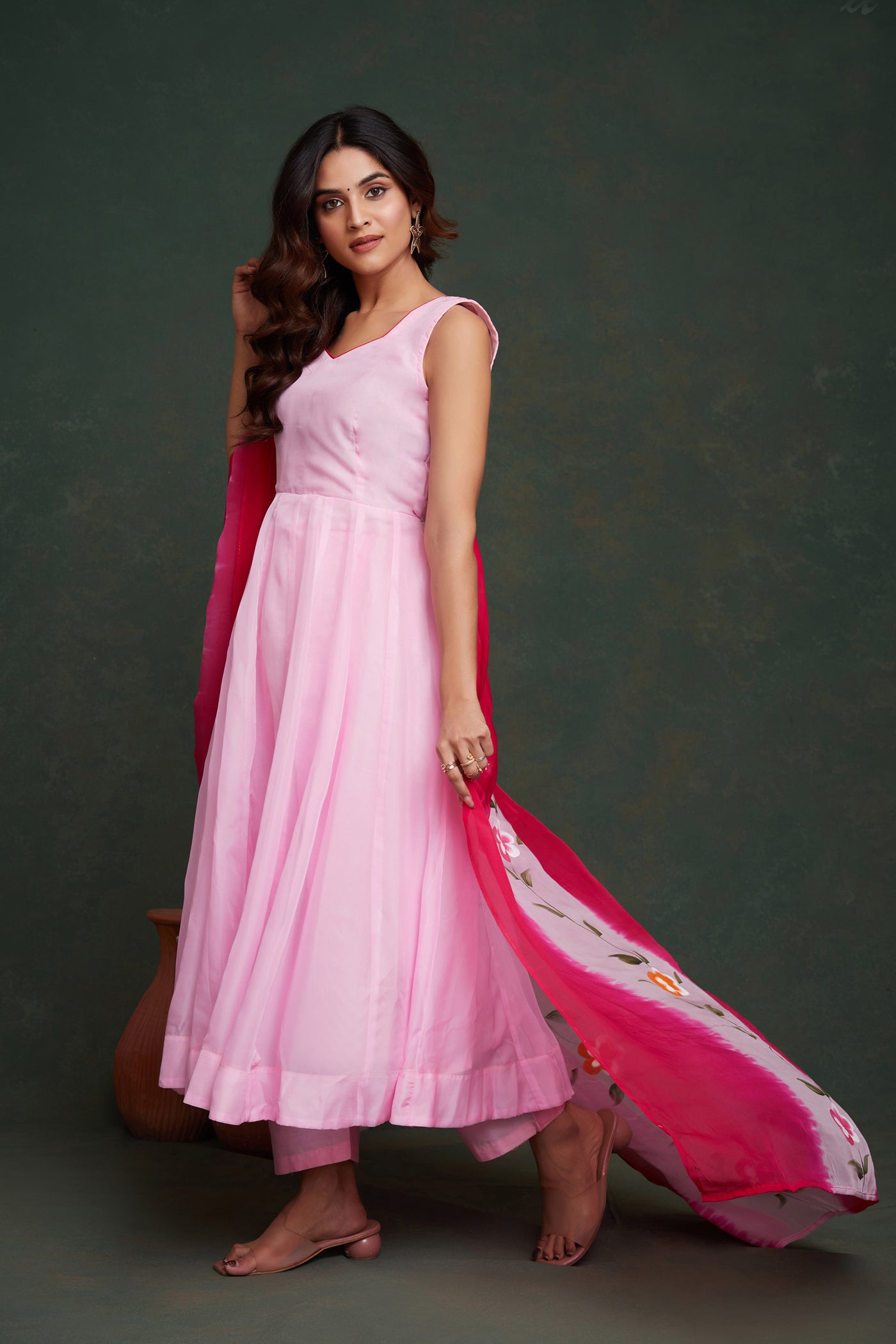 Elegant Pink Organza Kurta Set with Hand-Painted Dupatta